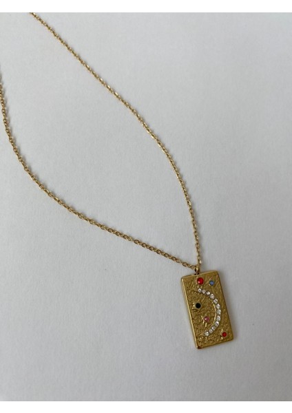 Renkli Hilal Taşlı Kare Gold Çelik Kolye fiyatları
