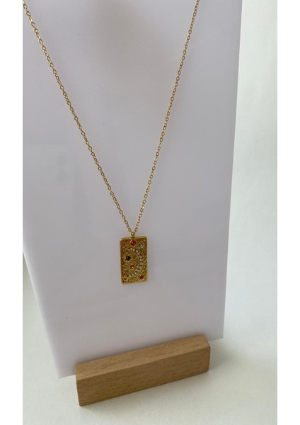 Renkli Hilal Taşlı Kare Gold Çelik Kolye fırsatları
