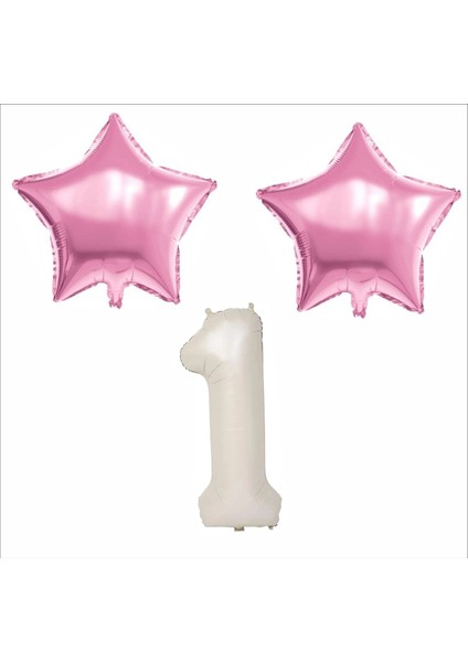 1 Yaş Bej Renk Folyo Balon, 2 Adet Pembe Yıldız Folyo Balon
