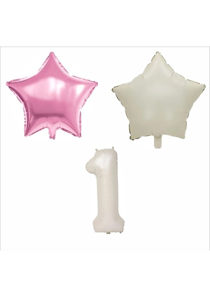 1 Yaş Bej Renk Folyo Balon, 1 Adet Pembe, 1 Adet Bej Yıldız Folyo Balon