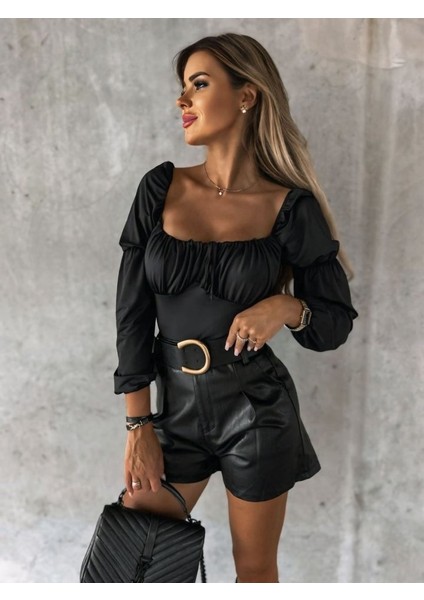 Kadın Uzun Kollu Kare Yaka Göğüs Büzgü Detay Sandy Bluz fiyatları