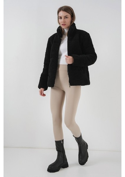 5178 Astarlı Peluş Mont - Siyah