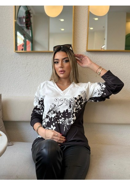 Kadın Uzun Kollu V Yakalı Çiçek Baskılı Şardonlu Dalgıç Bluz