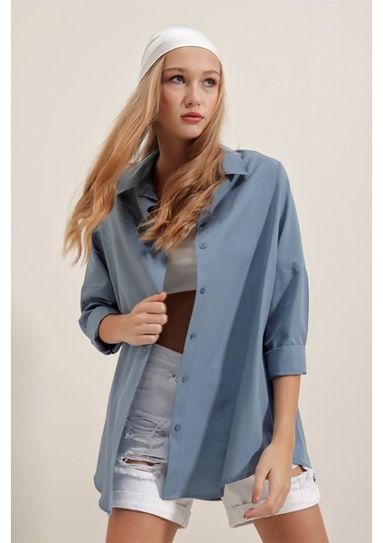 3900 Oversize Uzun Basic Gömlek - Indigo