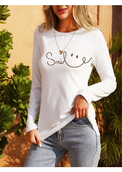 Kadın Uzun Kollu Bisiklet Yaka Gülümseyen Surat Desenli Viskon Bluz