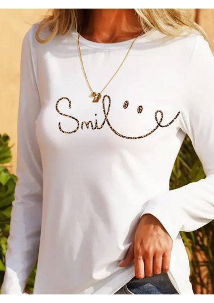 Kadın Uzun Kollu Bisiklet Yaka Gülümseyen Surat Desenli Viskon Bluz