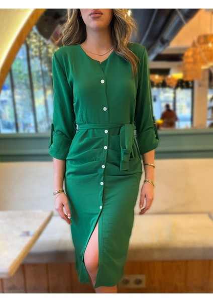 Kadın Uzun Kollu Önden Düğmeli Beli Kuşaklı Aerobin Midi Elbise fırsatları