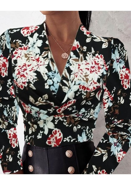 Kadın Uzun Kollu Kruvaze Yakalı Kelebek Desenli Şardonlu Dalgıç Bluz fiyatları