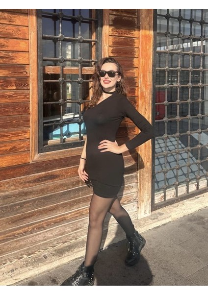 Kadın Uzun Kollu Tek Omuz ve Kol Açık Detay Viskon Mini Boy Elbise modelleri