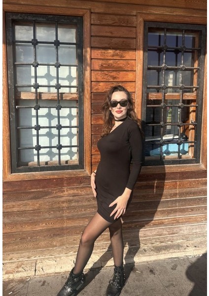 Kadın Uzun Kollu Tek Omuz ve Kol Açık Detay Viskon Mini Boy Elbise indirimleri