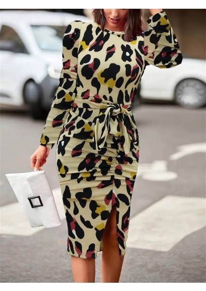 Kadın Uzun Kollu Yuvarlak Yaka Belden Kuşaklı Önden Yırtmaçlı Örme Krep Elbise