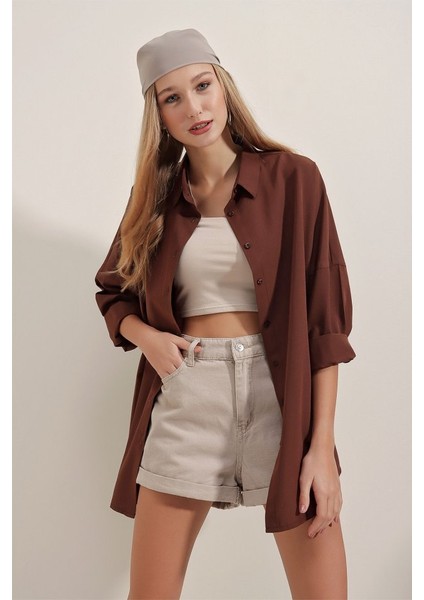 3900 Oversize Uzun Basic Gömlek - Kahverengi