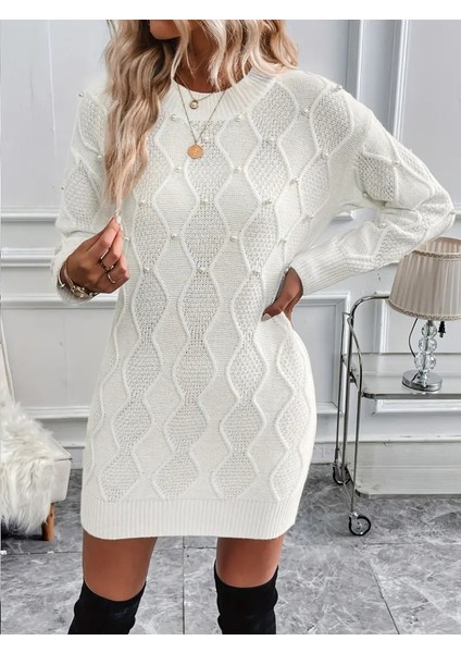 Kadın Uzun Kollu Bisiklet Yaka Desenli Triko Elbise