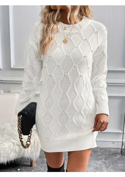 Kadın Uzun Kollu Bisiklet Yaka Desenli Triko Elbise