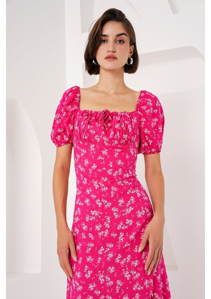 2387 Yırtmaç Detaylı Elbise - Fuşya