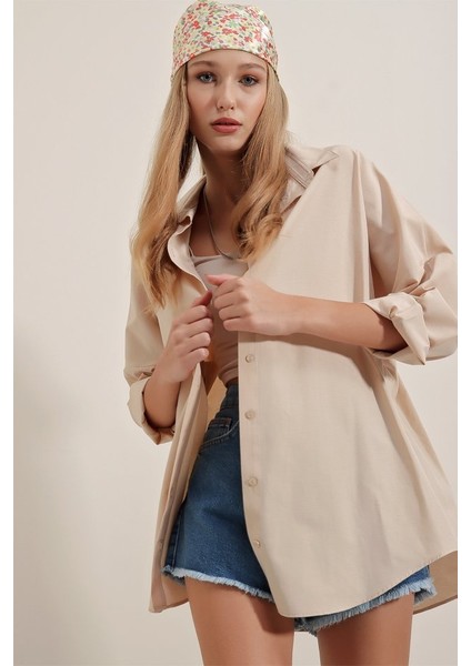 3900 Oversize Uzun Basic Gömlek - Krem fiyatları
