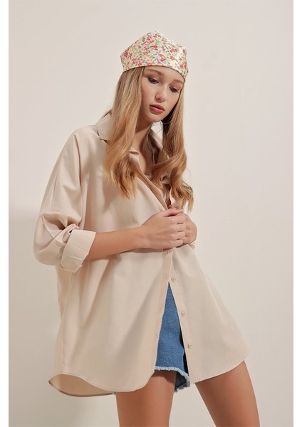 3900 Oversize Uzun Basic Gömlek - Krem modelleri