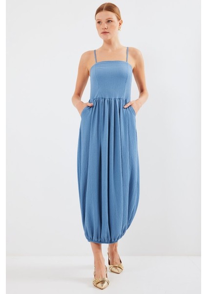 Ahes Shopping 2492 Askılı Örme Salopet Elbise - Indigo