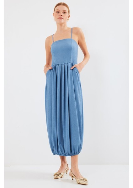 Ahes Shopping 2492 Askılı Örme Salopet Elbise - Indigo