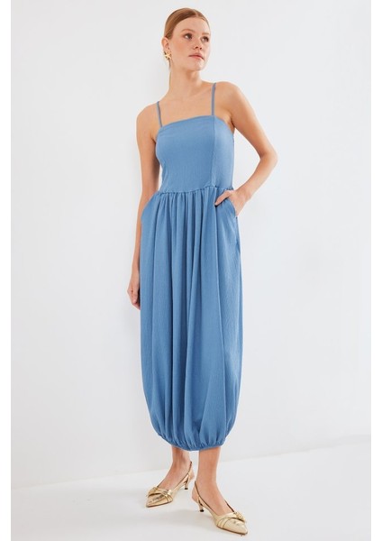 Ahes Shopping 2492 Askılı Örme Salopet Elbise - Indigo