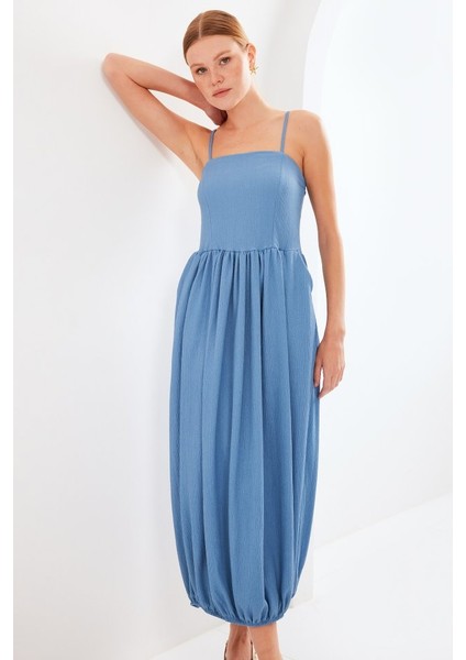 Ahes Shopping 2492 Askılı Örme Salopet Elbise - Indigo