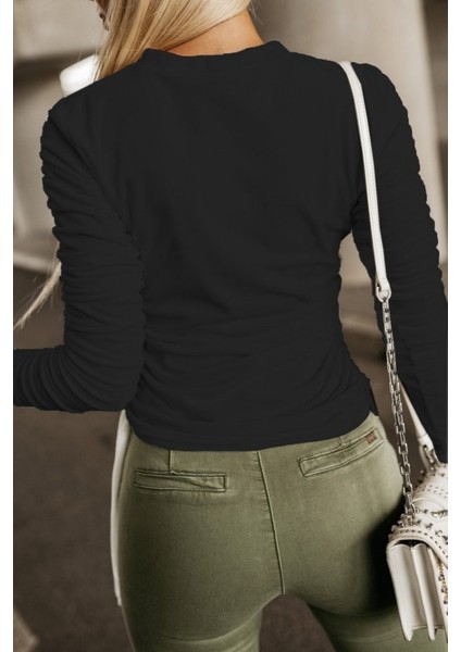 Kadın Uzun Kollu Bisiklet Yaka Yanları ve Kolları Büzgülü Kadife Bluz fırsatları