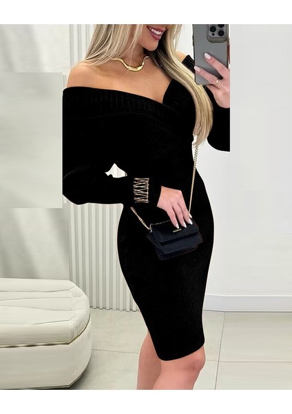 Kadın Uzun Kollu Omuzlardan Açık Kruvaze Yaka Kısa Triko Elbise indirimleri