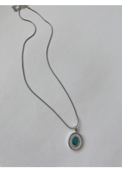 Elips Model Mavi Boncuklu Çelik Silver Kolye