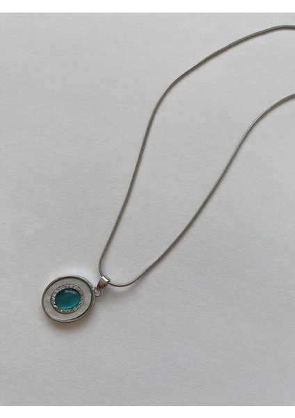 Elips Model Mavi Boncuklu Çelik Silver Kolye modelleri