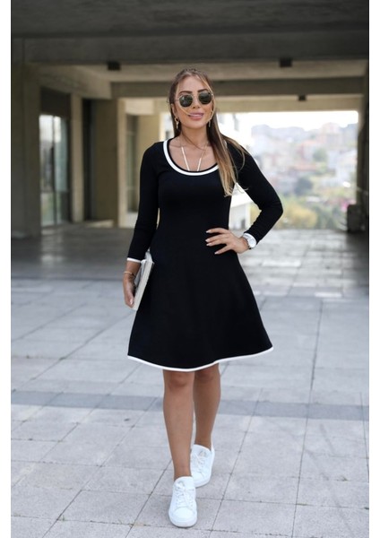 Kadın Uzun Kollu Derin Yuvarlak Yakalı Kısa Viskon Iki Iplik Elbise