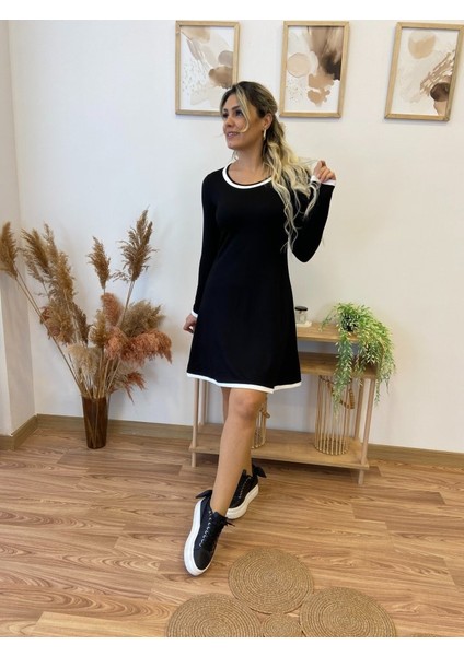 Kadın Uzun Kollu Derin Yuvarlak Yakalı Kısa Viskon Iki Iplik Elbise