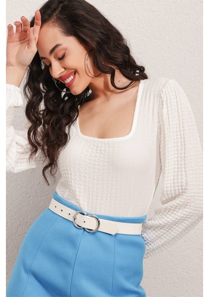 0442 Uzun Kollu Bluz - Beyaz modelleri