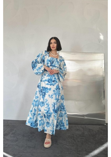 Mavi Arkası Gipeli Uzun Elbise