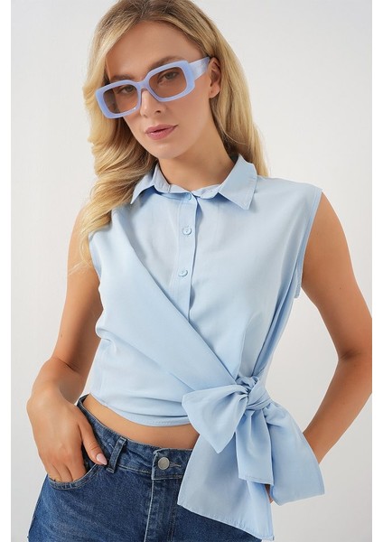 Sıfır Kol Önü Bağlamalı Gömlek 20340 - Mavi