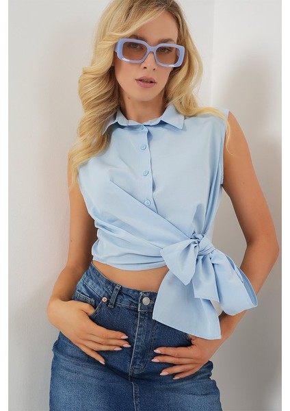 Sıfır Kol Önü Bağlamalı Gömlek 20340 - Mavi modelleri
