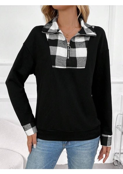 Kadın Uzun Kollu Yakalı Önden Fermuarlı Ekose Detaylı Viskon Iki Iplik Bluz