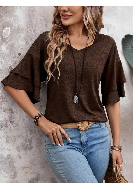 Kadın Kısa Kollu V Yakalı Viskon Bluz