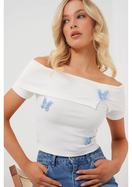 Madonna Yaka Kelebek Detaylı Bluz 957 - Beyaz