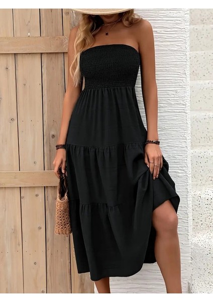 Kadın Straplez Göğüsten Lastikli Kloş Aerobin Uzun Elbise