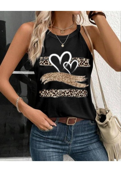 Kadın Sıfır Kol Halter Yaka Kalp Baskılı Viskon Bluz modelleri