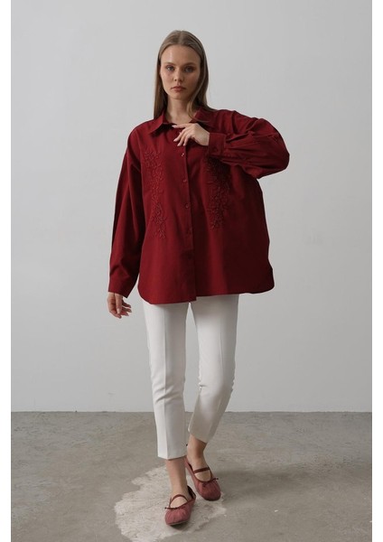 Boncuk Nakış Detaylı Uzun Gömlek - Bordo