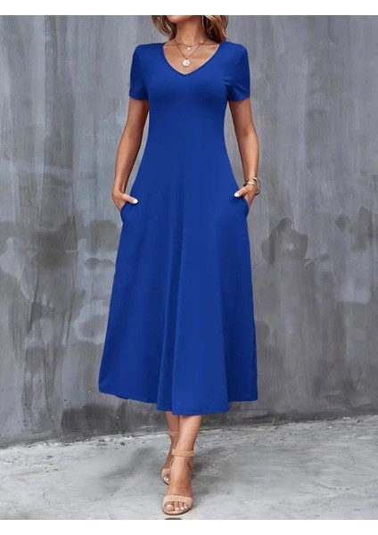 Kadın Kısa Kollu V Yakalı Cepli Viskon Elbise modelleri
