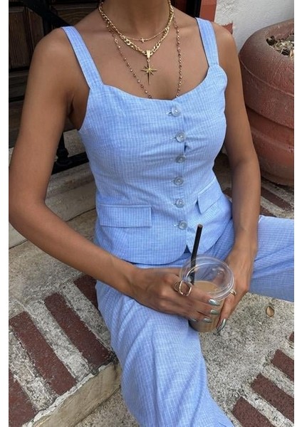 Kalın Askılı Bluz Pantolon Keten Takım 10187