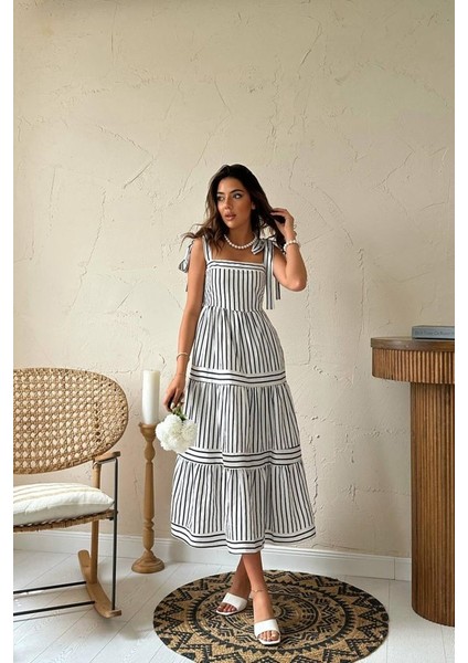 Siyah Omuzdan Bağlamalı Çizgili Elbise