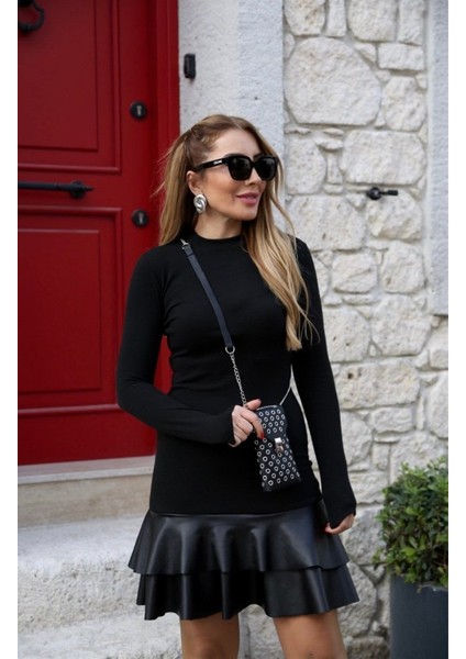 Kadın Uzun Kollu Bisiklet Yaka Üst Viskon Etek Ucu Deri Kısa Elbise