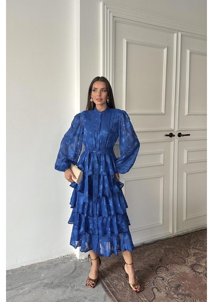 Saks Valonlu Şeritli Kat Kat Elbise