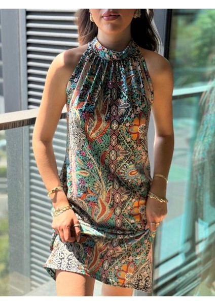 Kadın Kolsuz Boyundan Askılı Desenli Midi Süprem Elbise fiyatları