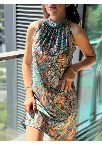 Kadın Kolsuz Boyundan Askılı Desenli Midi Süprem Elbise modelleri