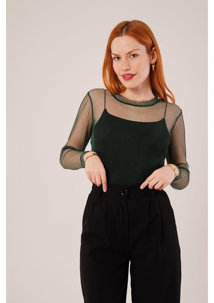 Transparan Yeşil Tül Basic Bluz fırsatları