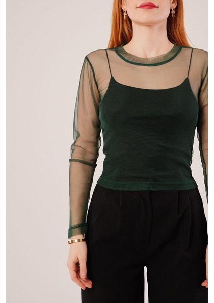 Transparan Yeşil Tül Basic Bluz